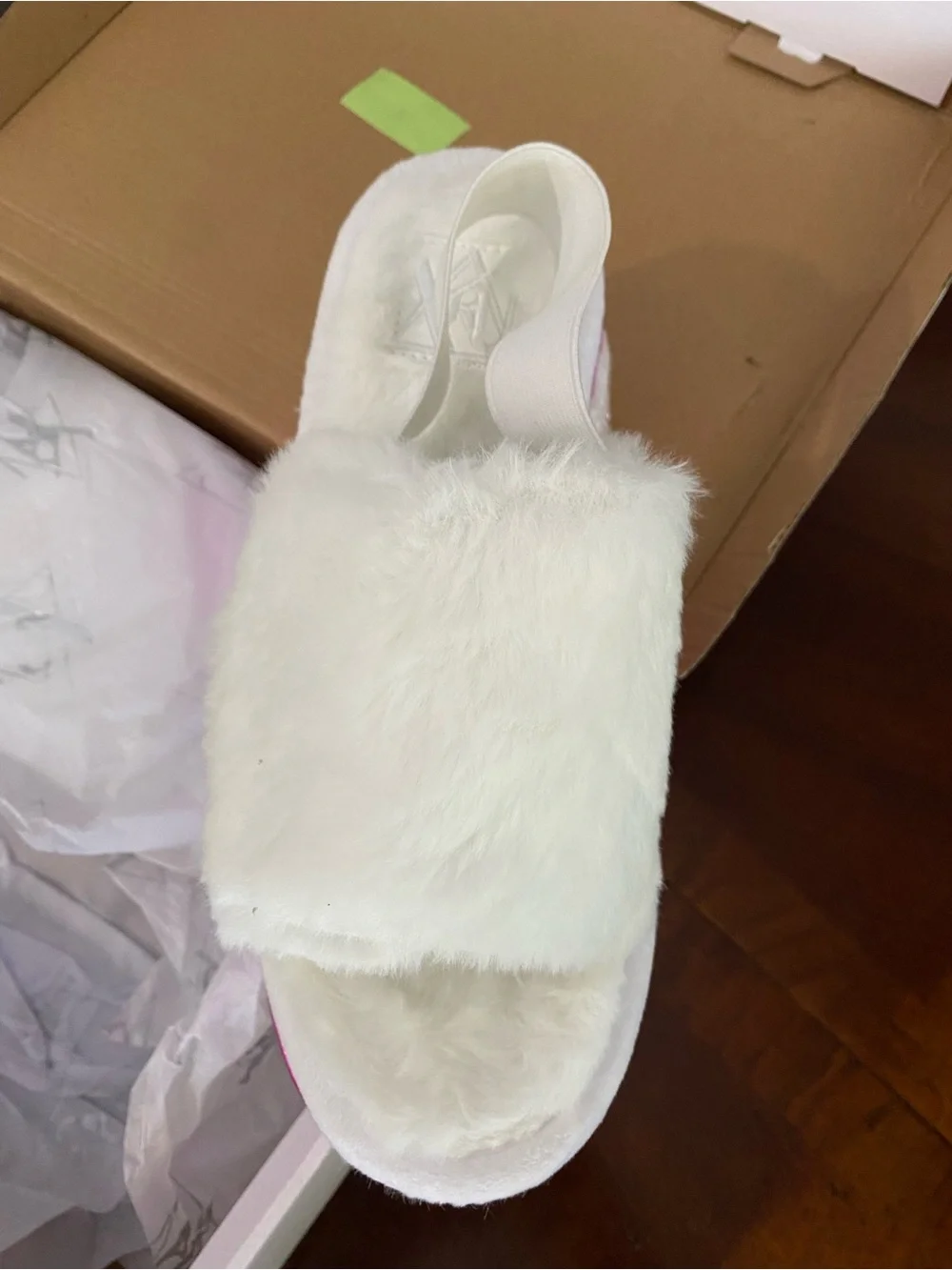 White Faux-Fur Platform Slide with Pink Metallic Cloud Accent